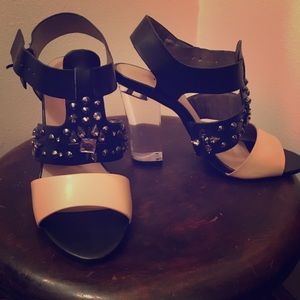 Black/Cream Jeweled Clear Heel Sandals